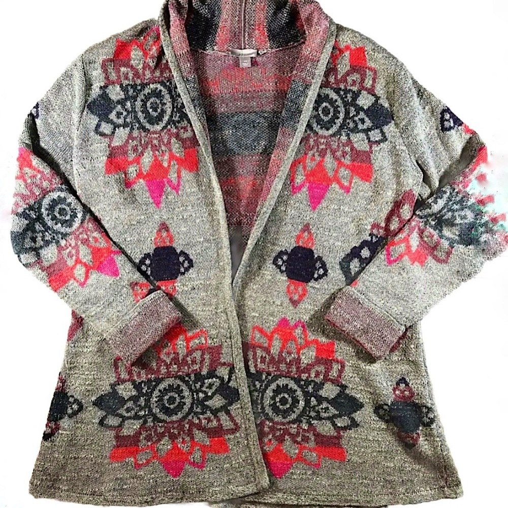 J. JILL Cardigan Womens X-Small Gray Southwestern Print 100% Cotton Open Sweater